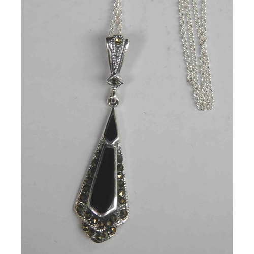 222 - Silver jet & marcasite pendant & silver chain