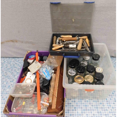 503 - Assorted lot of tools inc jars of nails, screws etc & drill bits