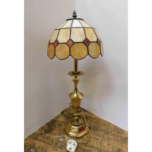 58 - Brass table lamp with stained glass shade - working order - 26