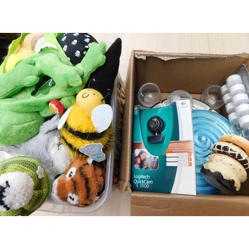 609 - Box of cuddly toys and miscellaneous items including Logitech Quick Camera