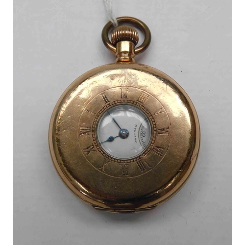 103 - Antique - Waltham gold plated, half hunter pocket watch - stamped Selfridges of London