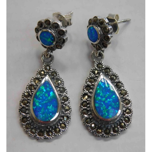 106 - Pair of silver - blue opal & marcasite earrings