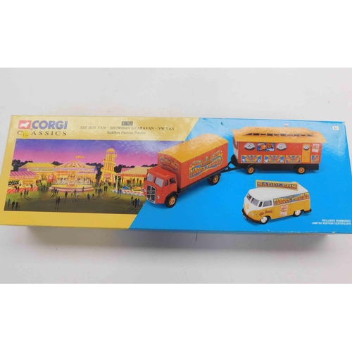 13 - Corgi classics - ERF Box Van Showmans Caravan - Saddlers