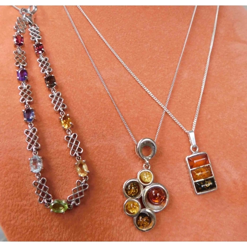 15 - Two - Silver necklaces & amber set, silver bracelet