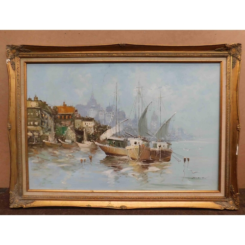 179 - Framed - oil boat scene, signed Brauer approx 41.5x30