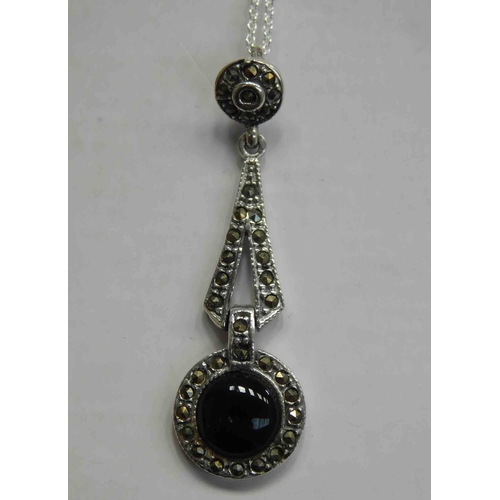 206 - Silver - jet & marcasite pendant on silver chain