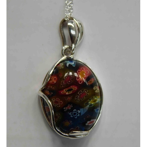 218 - Silver & millefiori pendant silver chain