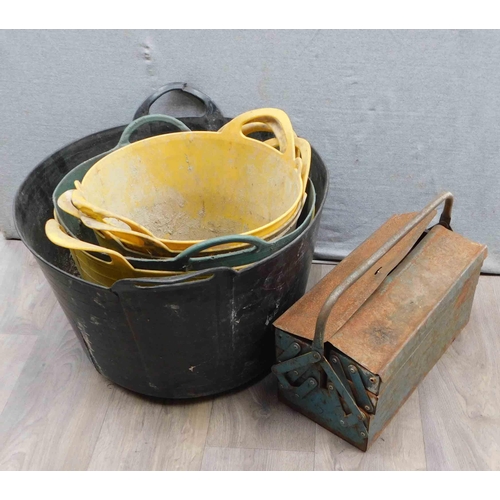 524 - Selection of mixing buckets (flexi tub) & metal cantilever toolbox