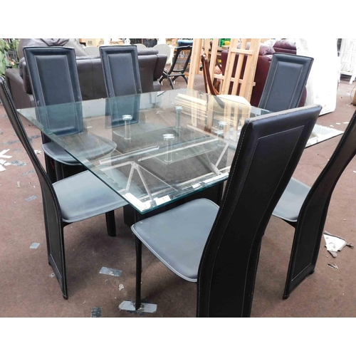 560 - Large glass topped dining table with 6 high backed chairs