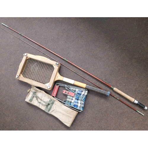 643 - Vintage 'Major' fishing rod and tennis racket + stool