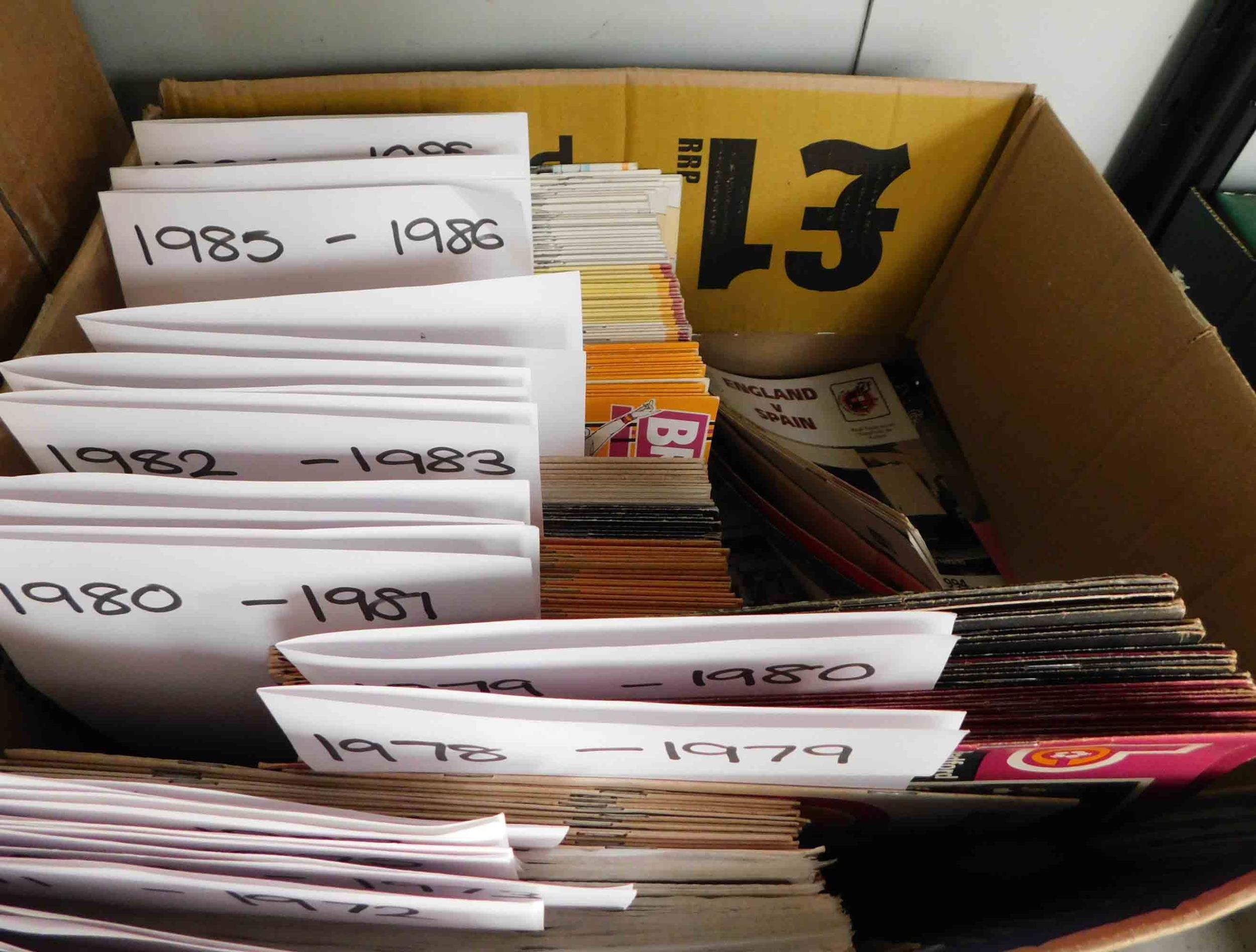Box of assorted Bradford City FC programmes through the years