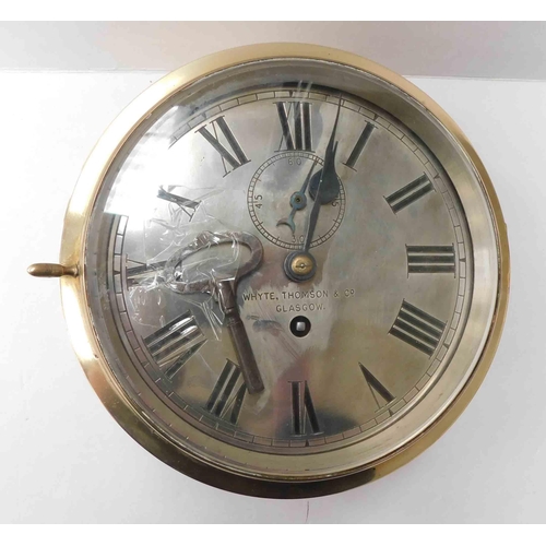 52 - Ship's - brass cased clock - Whyte Thomson & Co, Glasgow, with key