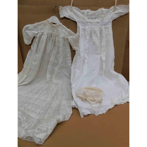 37 - Two - Vintage christening gowns - one silk & baby's bonnet with swan down feathers