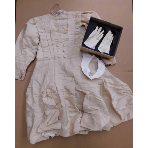 43 - Antique Victorian - high necked, hook & eye dress with dress collar & cream Victorian gloves