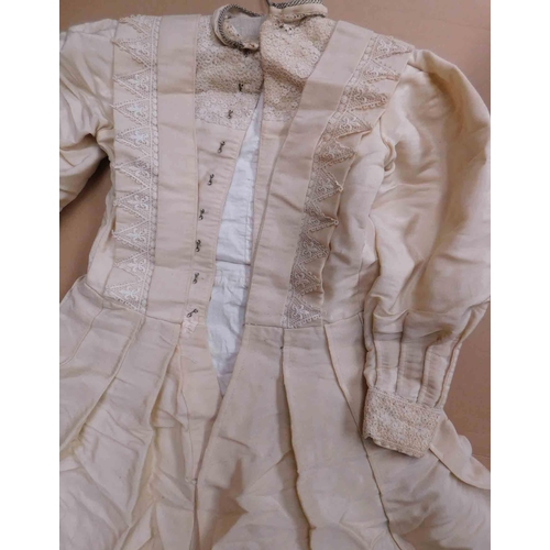 43 - Antique Victorian - high necked, hook & eye dress with dress collar & cream Victorian gloves