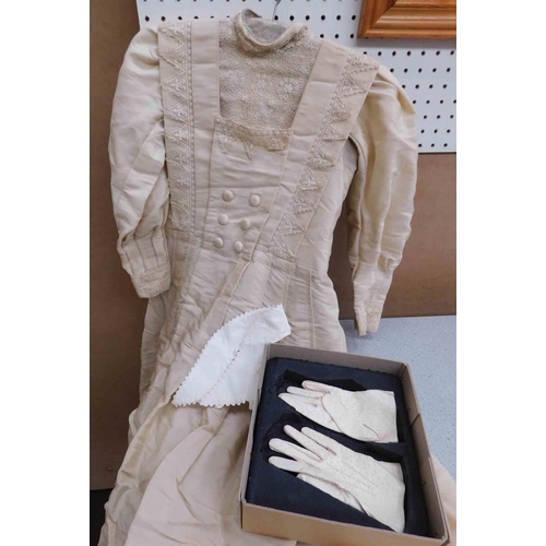 43 - Antique Victorian - high necked, hook & eye dress with dress collar & cream Victorian gloves