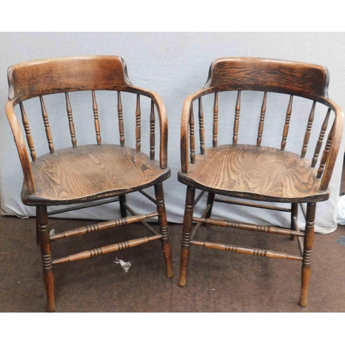 540 - 2x Vintage oak spindle back arm chairs