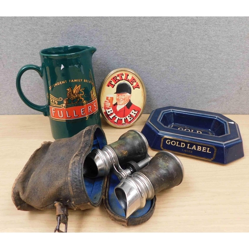 565 - Selection of bar memorabilia and set of vintage binoculars and case