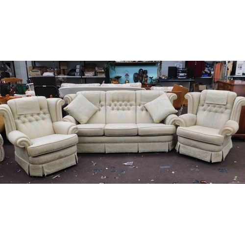 616 - Green and gold three seater settee + 2 matching armchairs (1 on rocking frame)