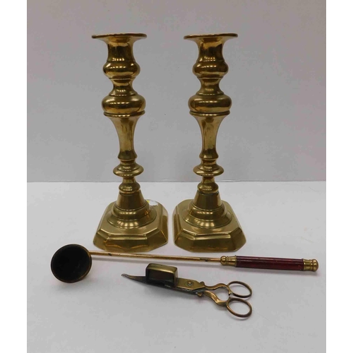 107 - Brass candlesticks, snuffer & snips