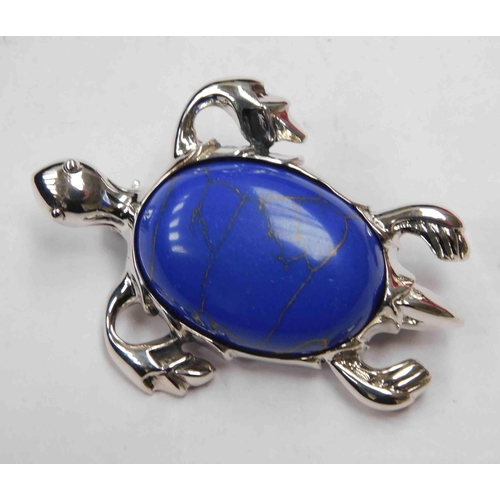 146 - Silver & blue lapis - turtle brooch