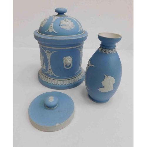 147 - Wedgwood dip Jasper ware including - dip light blue tobacco jar - damaged inside