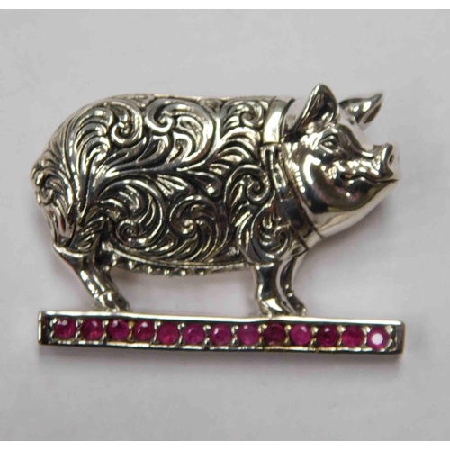 152 - Silver - stone set pig brooch