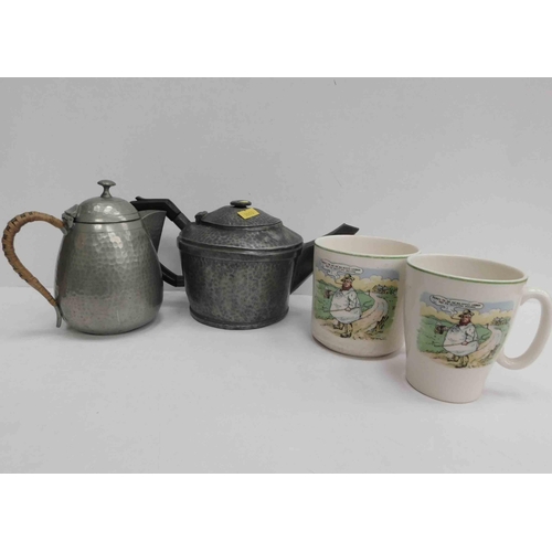 187a - Two - Hammered pewter tea pots & mugs