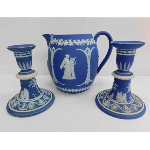 203 - Wedgwood dip Jasper ware - milk pitcher & candle sticks