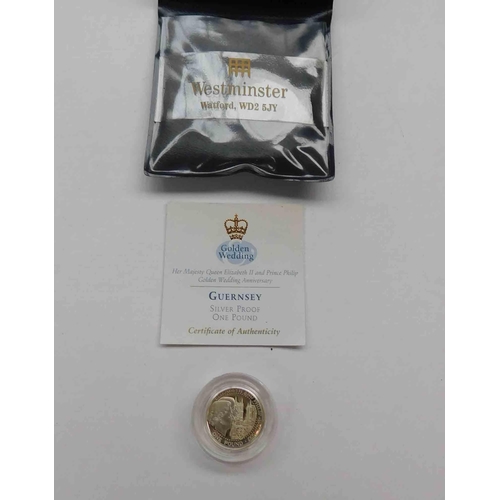 256 - Queen Elizabeth II & Prince Philip - golden wedding anniversary - Guernsey silver proof £1 coin - wi... 