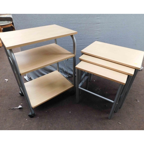 532 - Metal and beech wood contemporary nest of tables and matching trolley