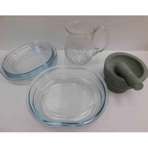 689 - Oval glass cookware, jug & Jamie Oliver pestle & mortar