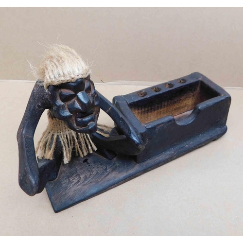 168 - Tiki style - Wooden business card & pen holder