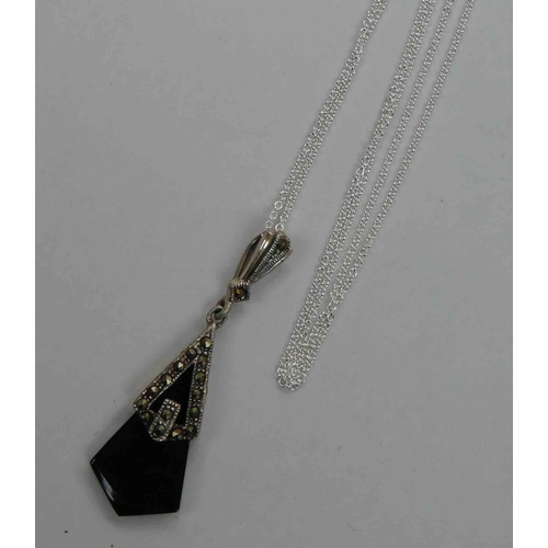 216 - Art deco style - silver jet & marcasite pendant on silver chain