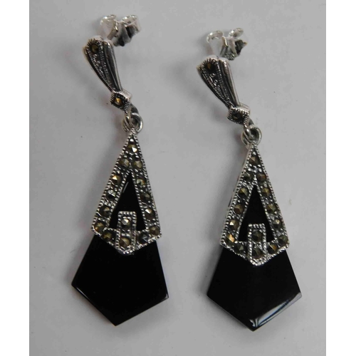 237 - Art deco style - silver jet & marcasite earrings