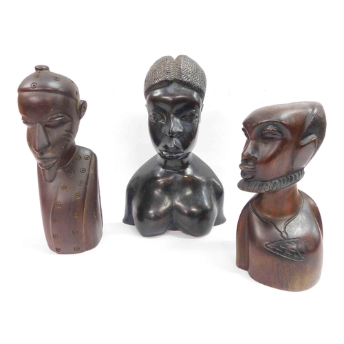 247 - Three - Wooden African busts - tallest 10