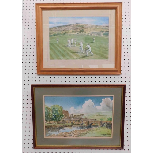 173 - Framed watercolour of Burnsall & Cowling cricket club print - largest approx. 22