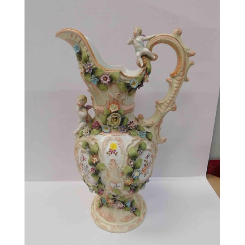 217 - Antique German style jug/ewer - adorned with cherubs & flowers - slight damage to flowers, 14