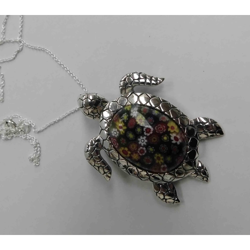 233 - Silver & millefiori - turtle pendant on silver chain