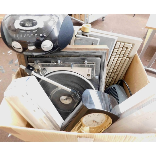 593 - Mixed box of electricals and household items etc. incl. electric typewriter, record player etc.