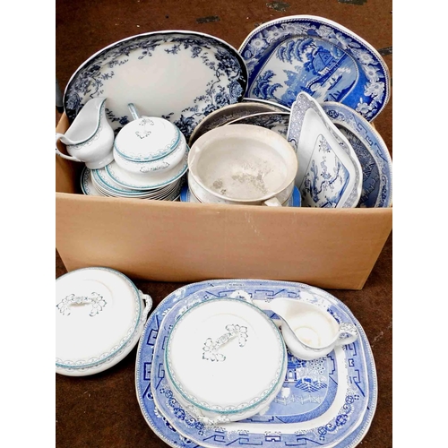 594 - Large box of antique ceramics incl. platters and tureens etc.