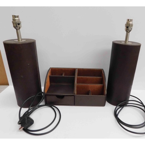 597 - 2x Modern leather look lamp bases and desk tidy