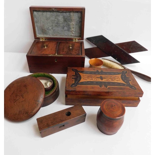 62 - Mixed wood ware including - tea caddy & inlaid box