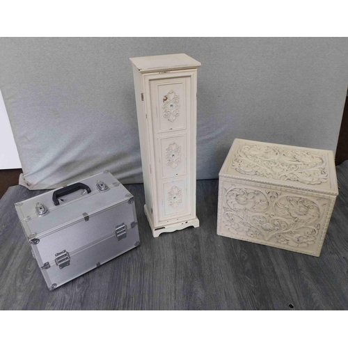 740 - Large wooden ornate box, slim ornate cupboard and large makeup/ cosmetic case