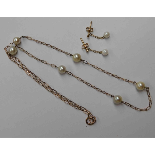 151 - 9ct Gold & pearl chain - with 9ct gold pearl drop earrings, chain 16