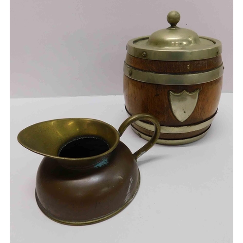 218 - Brass & oak biscuit barrel & copper jug