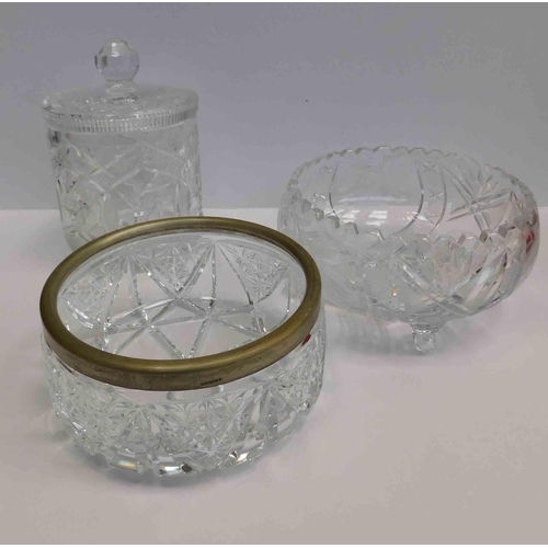 27 - Crystal cut glass - biscuit barrel & two fruit bowls