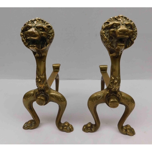 50 - Pair of lion head - brass fire dogs