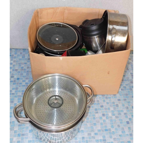 545 - Box of mixed kitchen items inc pans, slow cooker, Keg, coffee maker etc