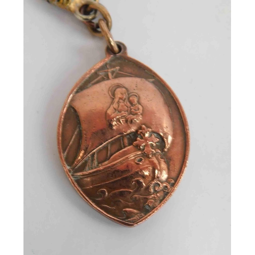 118 - Religious vintage copper fob on gold plate watch chain